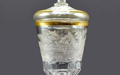 SILESIAN ENGRAVED COLORLESS GLASS COVERED VESSEL
