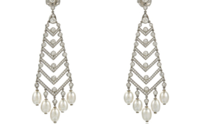 TIFFANY & CO. CULTURED PEARL AND DIAMOND EARRINGS