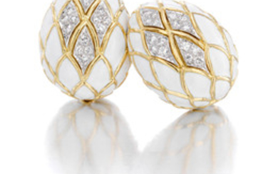 A pair of white enamel and diamond ear clips,, David Webb