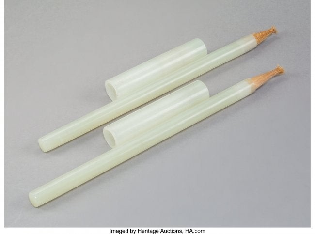 28028: A Pair of Chinese Pale Celadon Jade Brushes, Rep