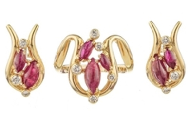 Gilbert Albert, a cabochon and diamonds rubies set of ring and earrings, 18K gold, signed, size 55-15