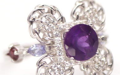 29$---Unheated Purple Amethyst, Tanzanite, Sapphire, .Ring 925 Sterling Silver Size6.75(157)