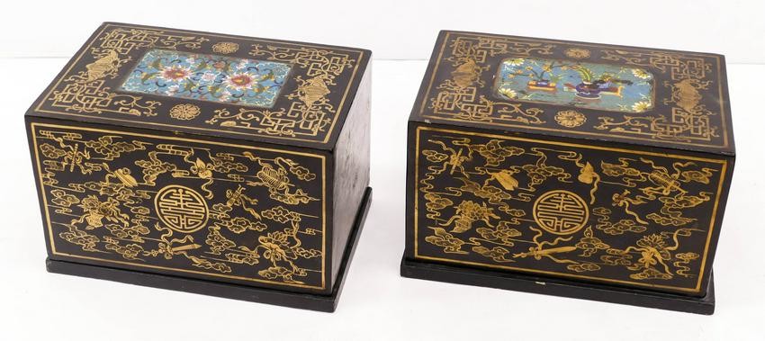 2pc Chinese Cloisonne Lacquered Wood Boxes