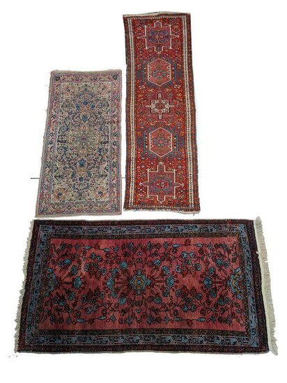[3] Antique Hand-Knotted Wool Scatter Rugs. 1) Maroon