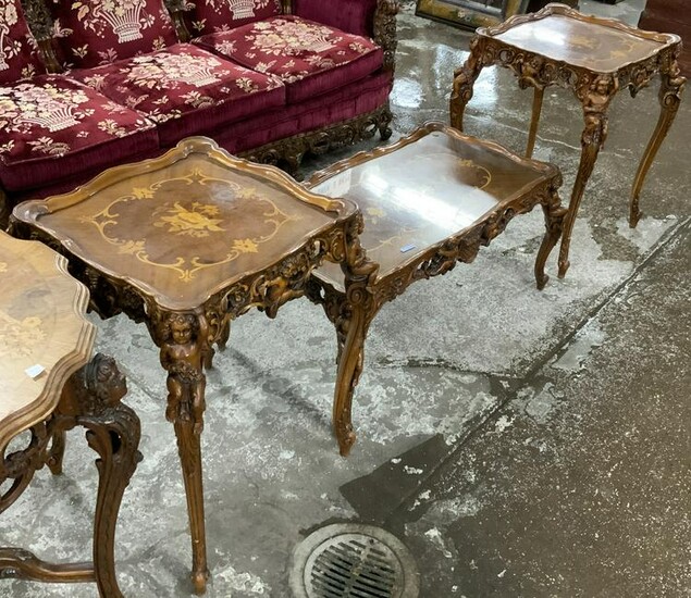 3 Pc. French Carved Coffee Table Set w/Cherubs.