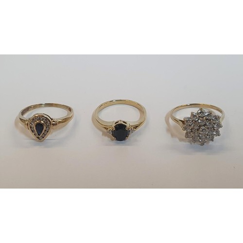 3 x 9ct rings, one yellow gold pear cut Sapphire ring, one y...