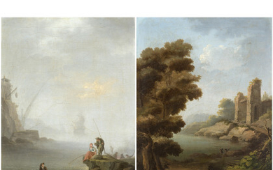 Francesco Fidanza ( Roma 1747 - Milano 1819 ) , "Pescatori" e "Paesaggio" coppia di dipinti ad olio su tela (cm 33.5x26.5) Siglati rispettivamente in basso a destra e sinistra...