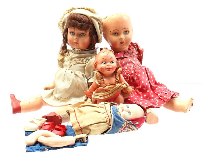 (-), 4 dolls with loose parts including celluloid...