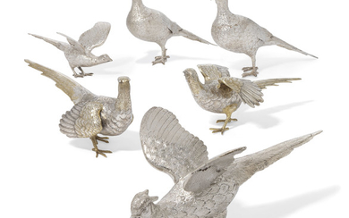 SIX SILVER AND PARCEL-GILT SILVER PHEASANTS, THE LARGEST WITH MARK OF JONES AND SONS, LONDON, 1933 AND 1935; ONE WITH MARK OF CORNELIUS JOSHUA VANDER LTD, LONDON, 1959; ONE WITH MARK OF LAG, LONDON, 1960; THE TWO PARCEL-GILT EXAMPLES, GERMAN, WITH...