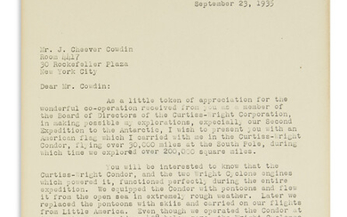 BYRD, RICHARD E. Typed Letter Signed, "REByrd," to American financier John Cheever Cowdin,...