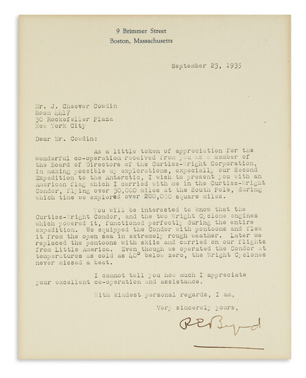 BYRD, RICHARD E. Typed Letter Signed, "REByrd," to American financier John Cheever Cowdin,...
