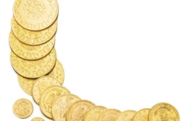 Collection of gold coins, three silver coins and a bracelet