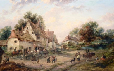 Georgina Lara (fl.1862-1871) A bustling village scene with vegetable seller...