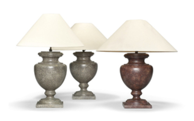 THREE SIMULATED PORPHYRY URN LAMPS, LATE 20TH CENTURY, SUPPLIED BY AXEL VERVOORDT