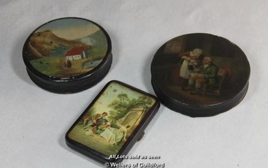 Two Victorian circular papier mache patch boxes, one with landscape view, the other with a couple 'Scotch drink', 9cm diameter;...
