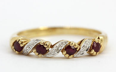 9CT, RUBY AND DIAMOND RING.