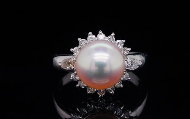 9mm Pearl, 0.40ctw SI1-SI2/G-H Diamond and Platinum Ring