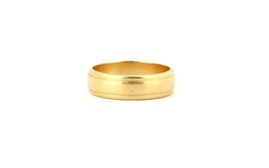 A 14ct yellow gold (stamped 585) ring, (N).