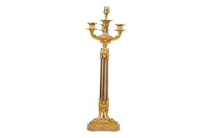 A 19TH CENTURY FRENCH GILT BRONZE CANDELABRA ADAPTED AS