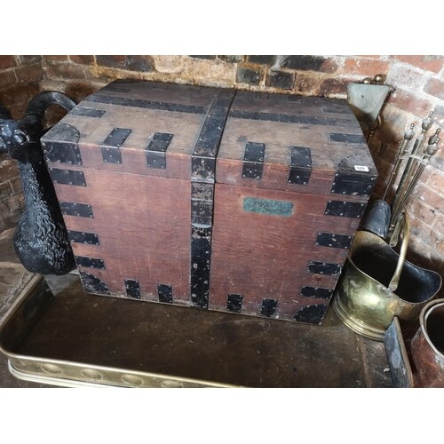 A 19TH CENTURY OAK AND IRON BOUND SILVER CHEST With internal...