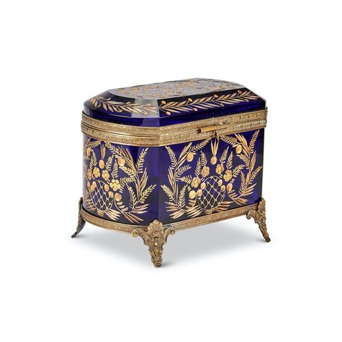 A 19th century French blue etched glass and gilded casket A...