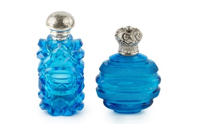 A 19th century French blue glass scent bottle, of moon...