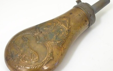 A 19thC copper and brass powder flask, decorated with