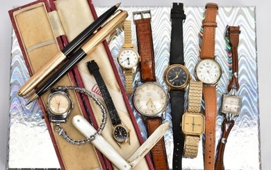 A BOX OF ASSORTED WRISTWATCHES, PENS AND A SILVER...