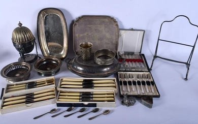 A BOX OF SILVER PLATED WARES including a salver and