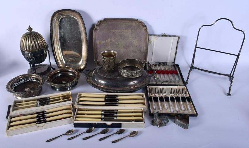 A BOX OF SILVER PLATED WARES including a salver and
