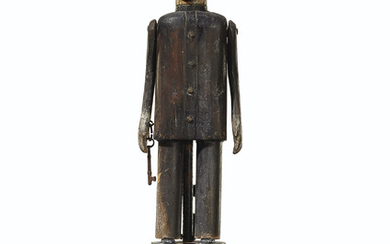 A CARVED AND PAINTED PINE, METAL AND LEATHER FIGURE OF MAN, AMERICAN, EARLY 19TH CENTURY