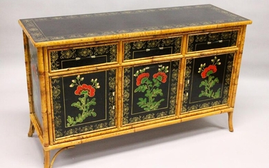 A CHINESE DESIGN BLACK LACQUER AND BAMBOO SIDEBOARD