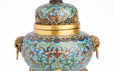 A CHINESE GILT-BRONZE AND CLOISONNE ENAMEL TRIPOD CENSER AND COVER, QING DYNASTY, QIANLONG PERIOD (1736-95)