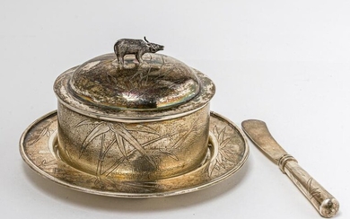 A CHINESE SILVER BOWL, DISH AND KNIFE, marked