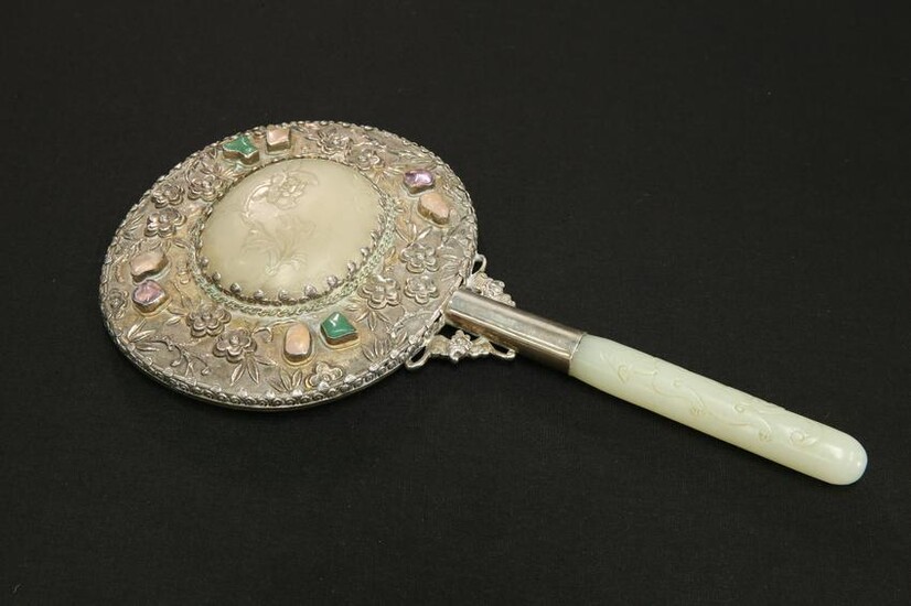 A CHINESE WHITE-METAL AND JADE HAND MIRROR, with