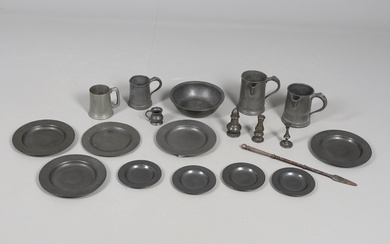A COLLECTION OF 18TH CENTURY AND LATER PEWTER PLATES AND OTHER WARES.