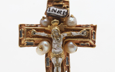 A CRUCIFIX, gold & enamel with baroque pearls, 17th/19th century.