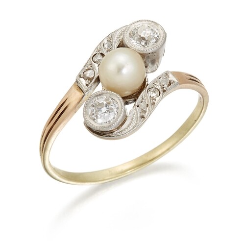 A CULTURED PEARL AND DIAMOND RING, a cultured pearl between ...