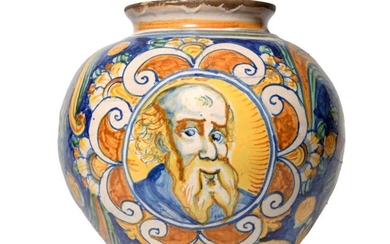 A Caltageroni Majolica Drug Jar, 17th century, of ovoid form,...