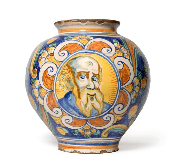 A Caltageroni Majolica Drug Jar, 17th century, of ovoid form,...