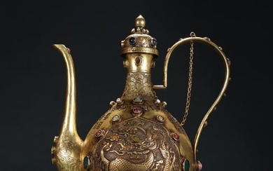 A Chinese Carved Gilt Bronze Wine Pot Inlaid Stones