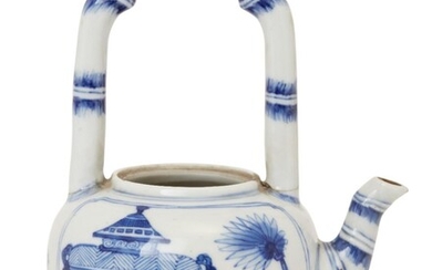A Chinese blue and white teapot, Kangxi period, of globular form with arched simulated bamboo handle, painted to the body with panels of scholarly antique objects, 15cm high to the handle 清康熙 青花繪博古圖紋提樑壺