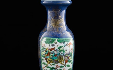 A Chinese deep blue-glazed famille rose vase, late 19th century