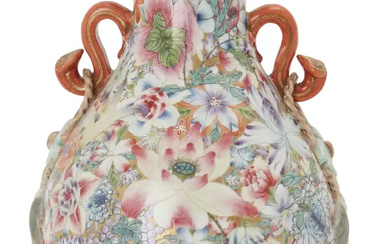 A Chinese famille rose 'hundred flowers' vase with ruyi handles Republic period,...