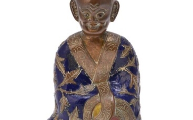 A Chinese gilt bronze and champlev enamel figure of luohan