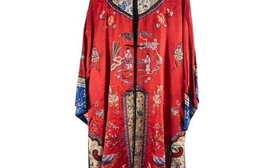 A Chinese hand-embroidered red silk robe, with floral and fi...