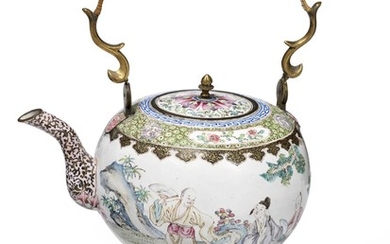 A Chinese kettle on a spirit lamp enamelled in famille rose colours. Qianlong 1736–1795.