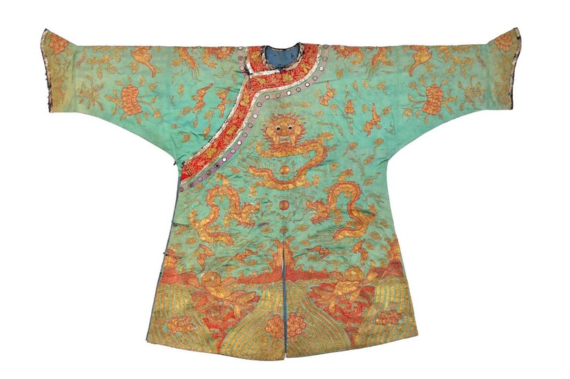 A Chinese turquoise ground embroidered silk dragon robe, Jifu, late Qing Dynasty