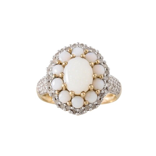 A DIAMOND AND WATER OPAL CLUSTER RING, mounted in gold, size...