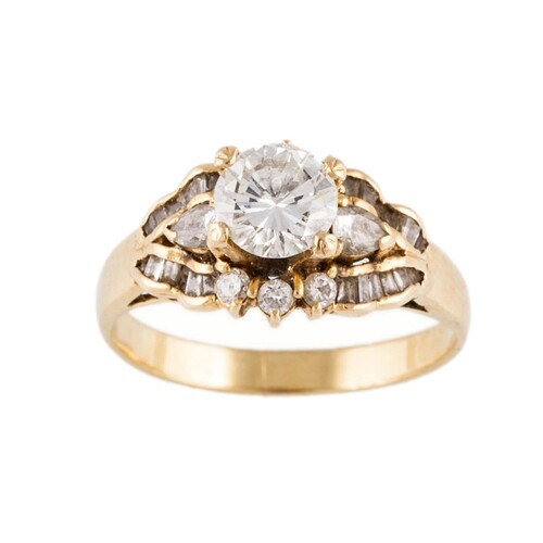 A DIAMOND SOLITAIRE RING, set to a fancy diamond set mount i...